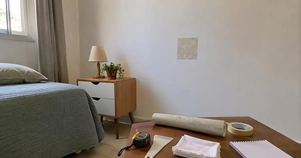 amostra pequena de papel de parede removivel sendo testada em parede lisa de apartamento alugado