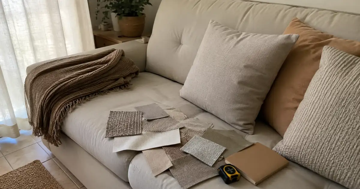 amostras de tecido manta e cortina sobre sofa claro em apartamento alugado