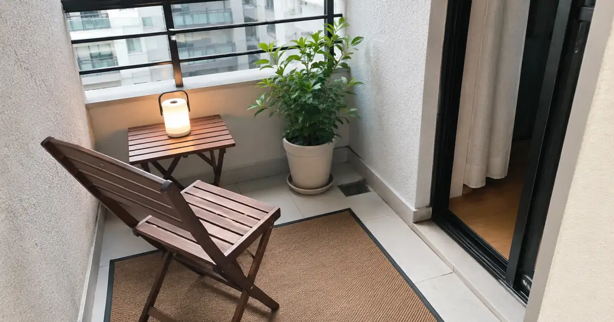 cadeira dobravel vaso leve e tapete externo em varanda pequena de apartamento alugado