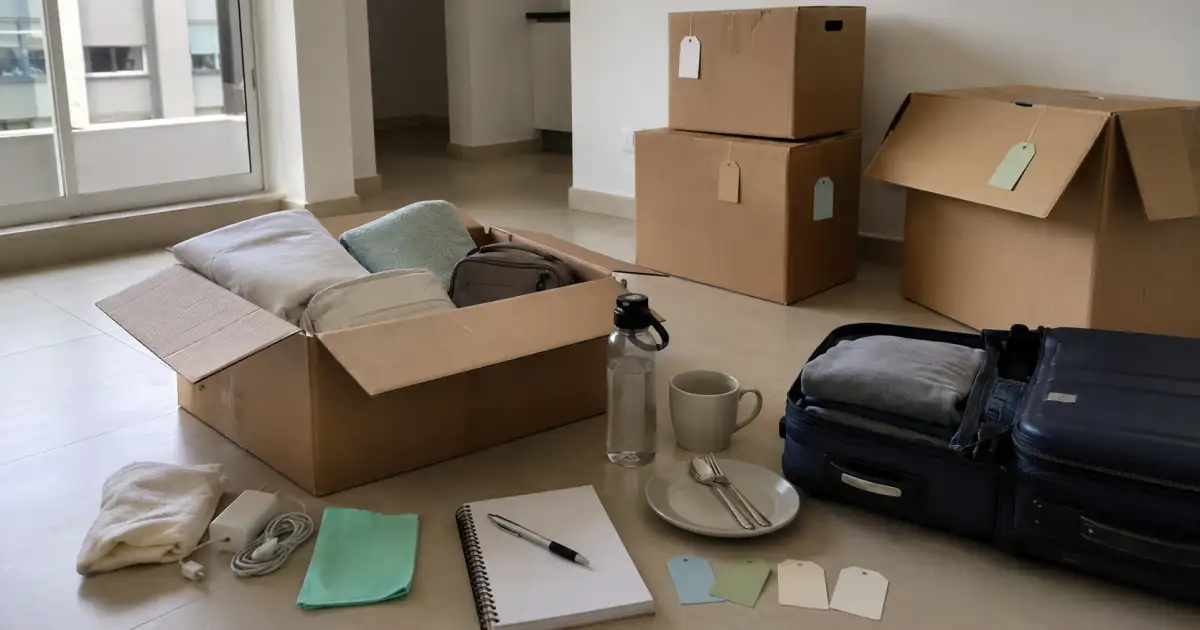 apartamento alugado na primeira semana com caixa aberta roupa de cama itens de banheiro e cozinha minima