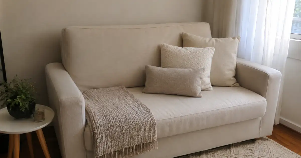 sofa de aluguel com capa simples manta dobrada e almofadas neutras em sala pequena