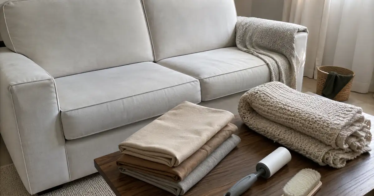 capas de almofada manta e rolo tira pelos organizados perto de sofa em apartamento alugado