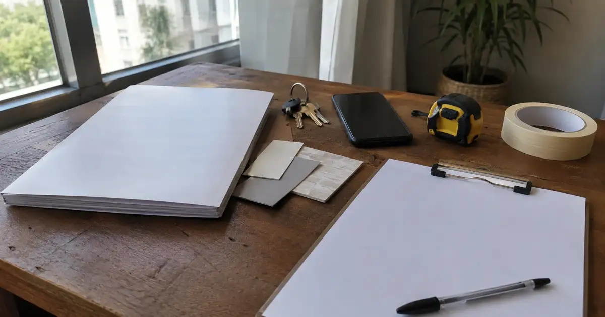 mesa com contrato chaves celular trena e amostras removiveis para decidir alteracao em imovel alugado