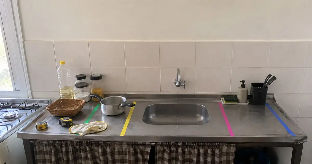bancada de cozinha alugada marcada por zonas com fita colorida trena e itens simples