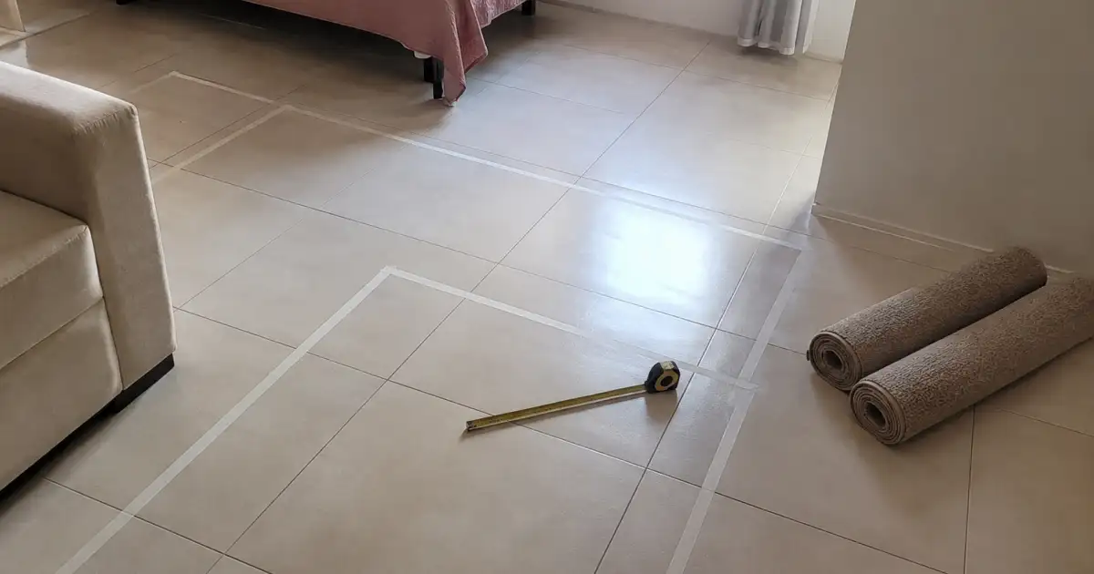 fita crepe e trena marcando zonas de tapete no piso de um studio alugado