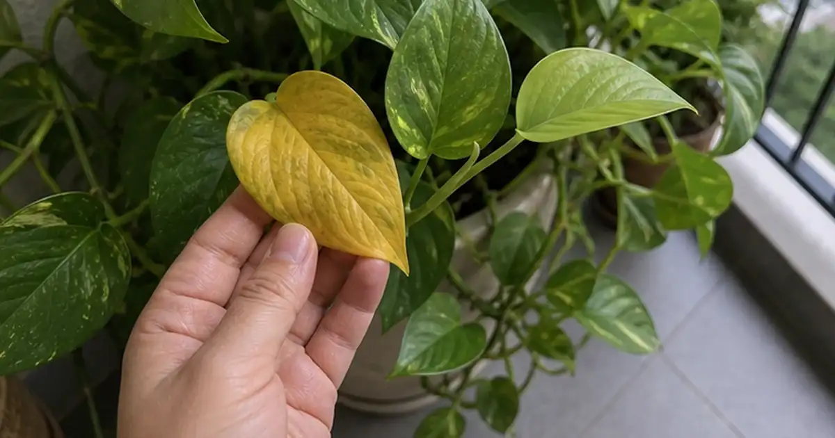 Detalhe visual do artigo como evitar folhas amarelas em plantas de sombra em uma varanda sombreada