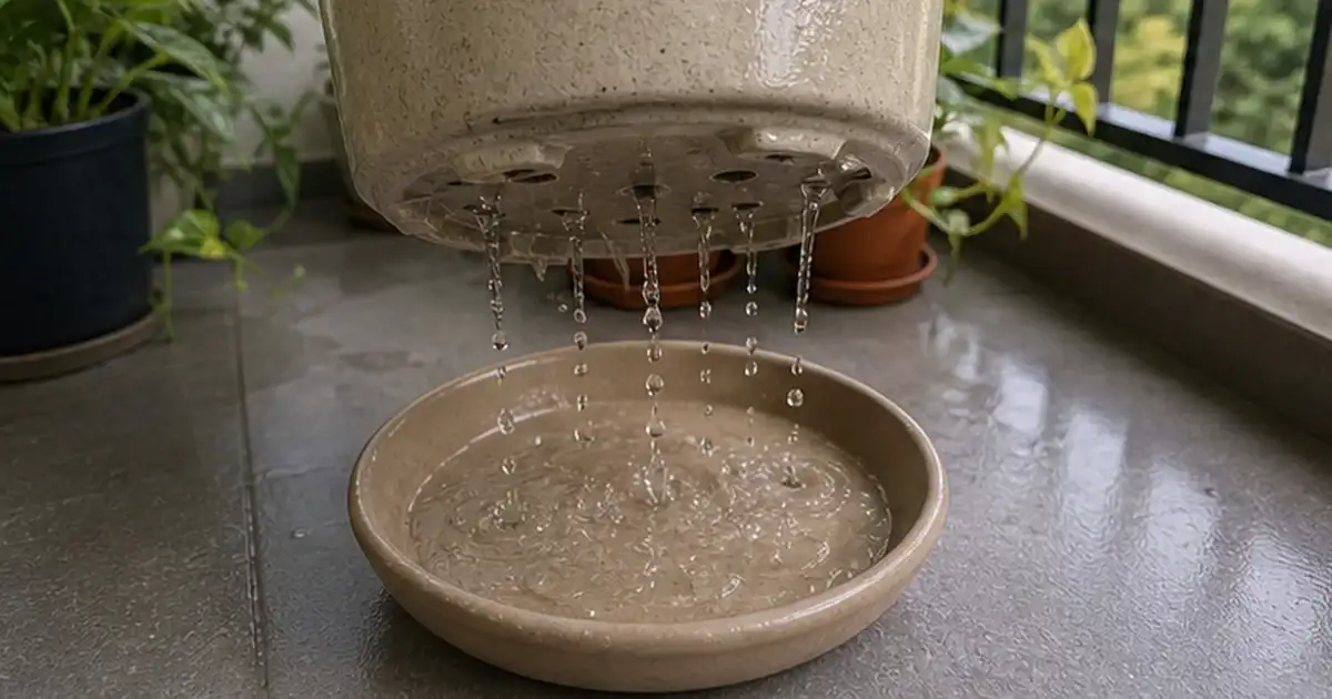 Detalhe visual do artigo drenagem de vaso: o detalhe que salva plantas em varandas sem sol em uma varanda sombreada