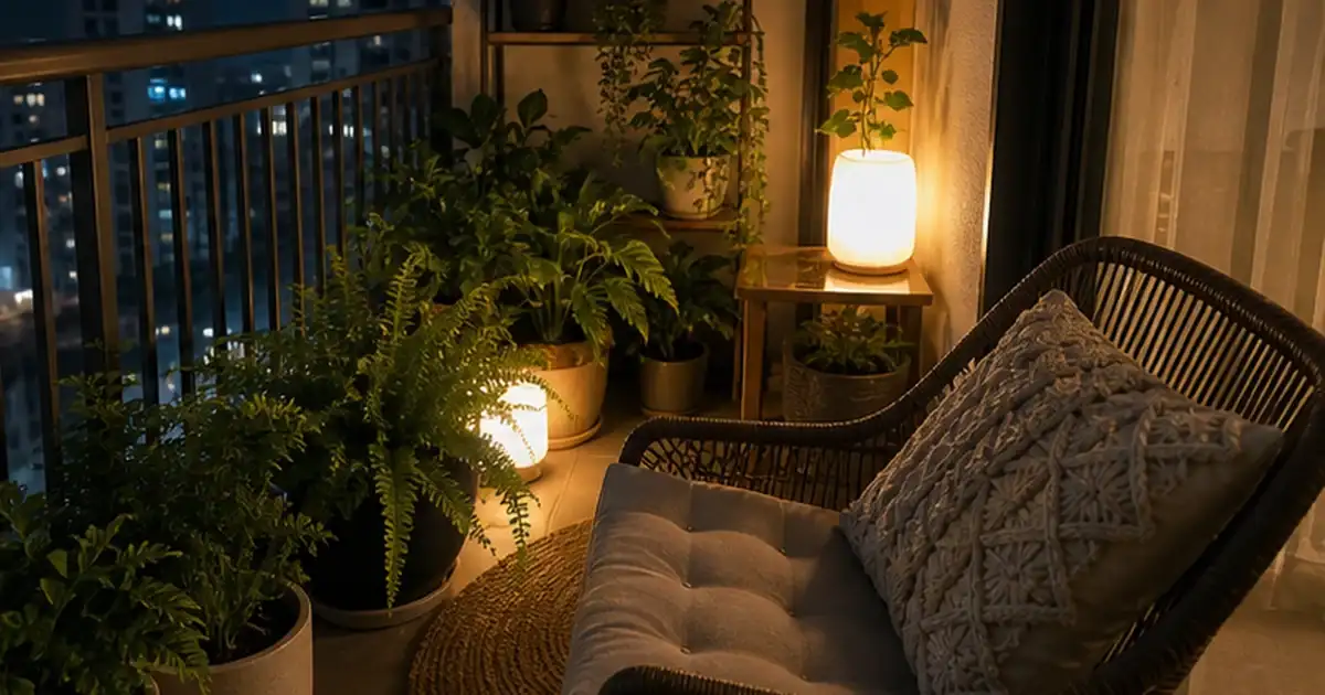 Ajuste final do artigo ideias para decorar varanda sem sol com plantas, texturas e luz aconchegante em varanda de apartamento sem sol