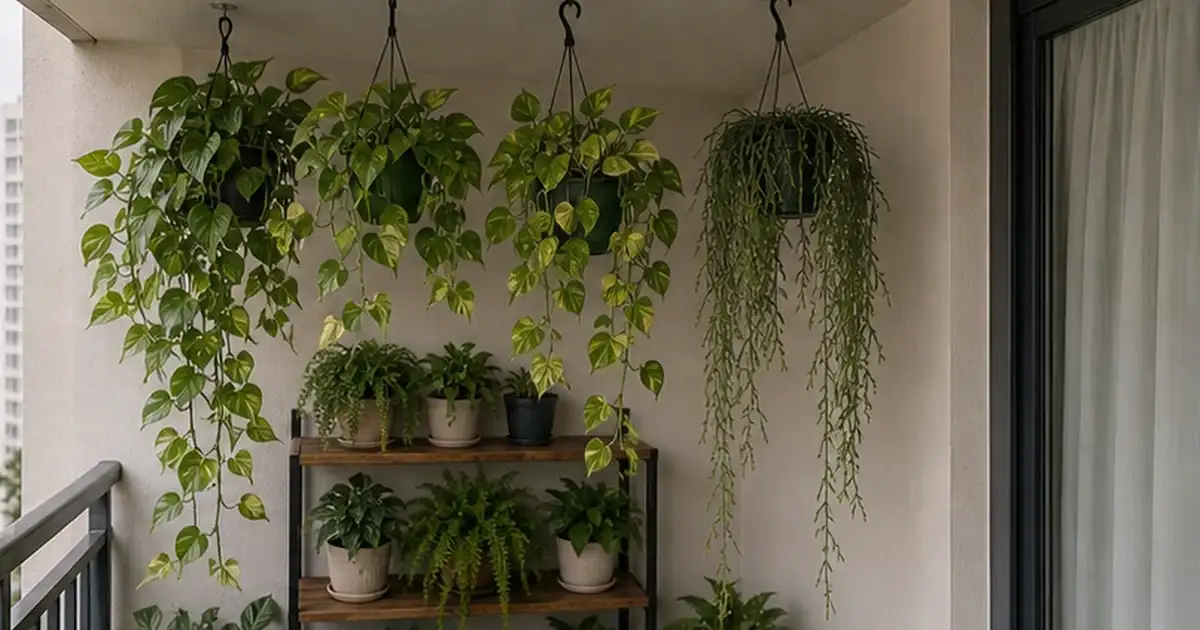 Ajuste final do artigo plantas pendentes para varanda sem sol: espécies, suportes e cuidados em varanda de apartamento sem sol