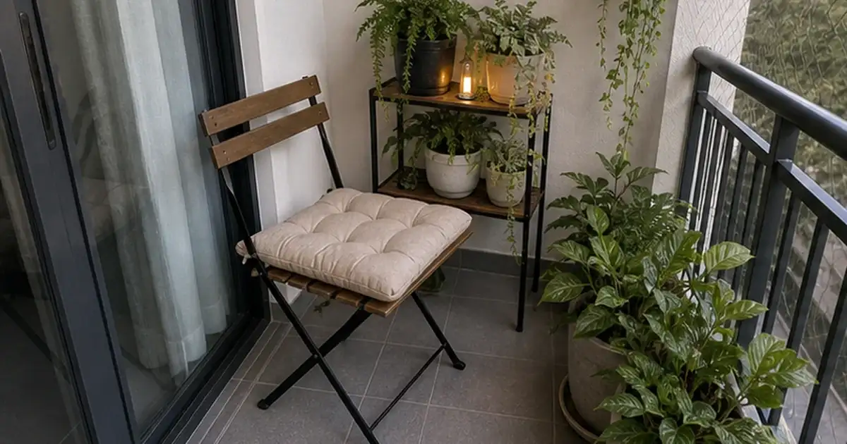 Detalhe visual do artigo varanda pequena com plantas: como manter circulação sem perder o verde em uma varanda sombreada