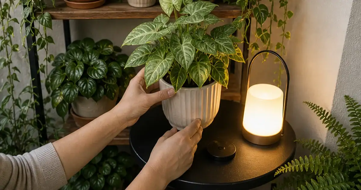 Detalhe visual do artigo como combinar plantas, luz e móveis em uma varanda sombreada em uma varanda sombreada