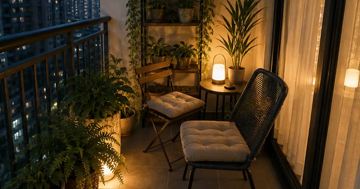 Ajuste final do artigo como combinar plantas, luz e móveis em uma varanda sombreada em varanda de apartamento sem sol
