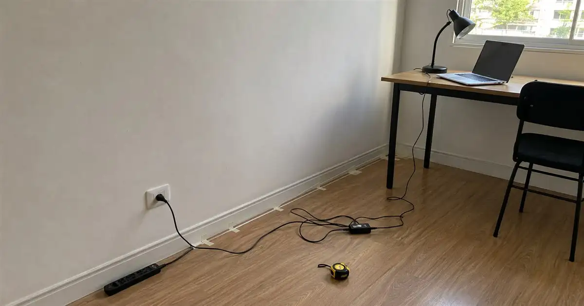 home office simples com tomada distante filtro de linha e cabo guiado por rodape