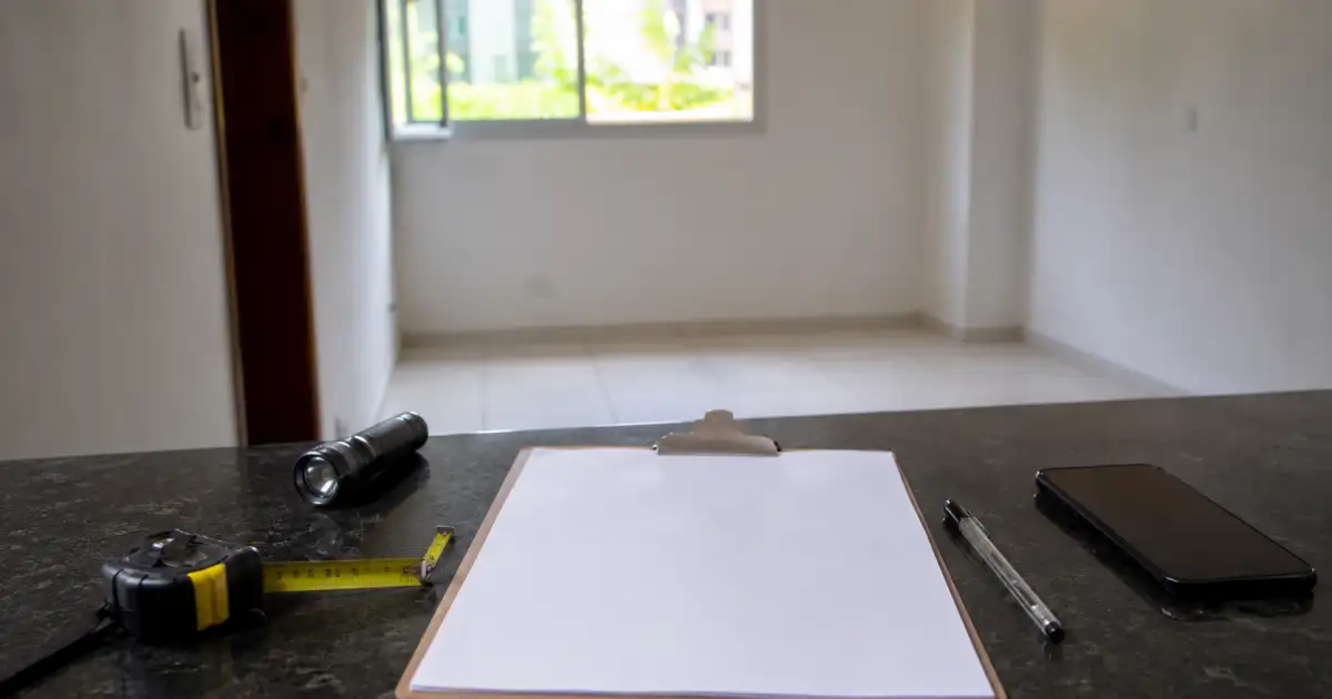 checklist de visita com trena e lanterna sobre bancada de apartamento vazio