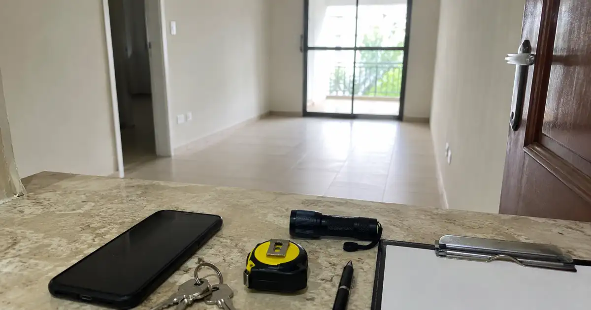 celular trena chaves e folha em branco preparados para vistoria de entrada em apartamento vazio