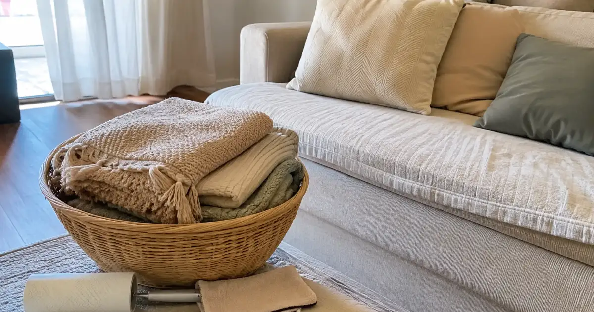 mantas e capas de almofada dobradas ao lado de cesto e rolo tira poeira em apartamento alugado