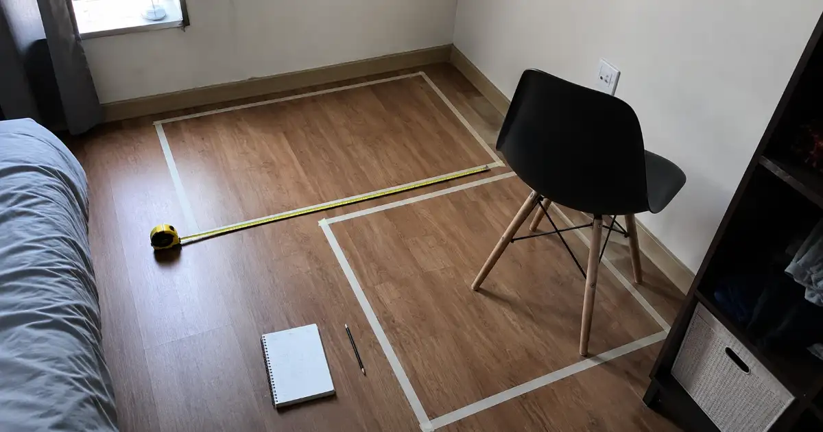 mapa de medidas no chão para planejar home office sem furo em apartamento alugado
