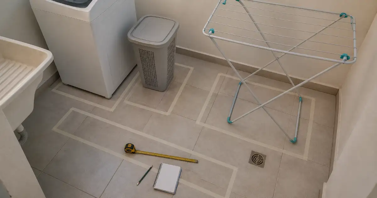 mapa de medidas no piso de lavanderia pequena em apartamento alugado