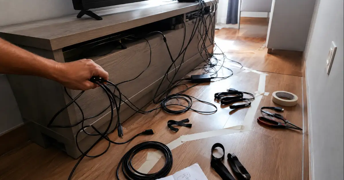 mapa simples de fios atras da tv antes de organizar cabos em apartamento alugado