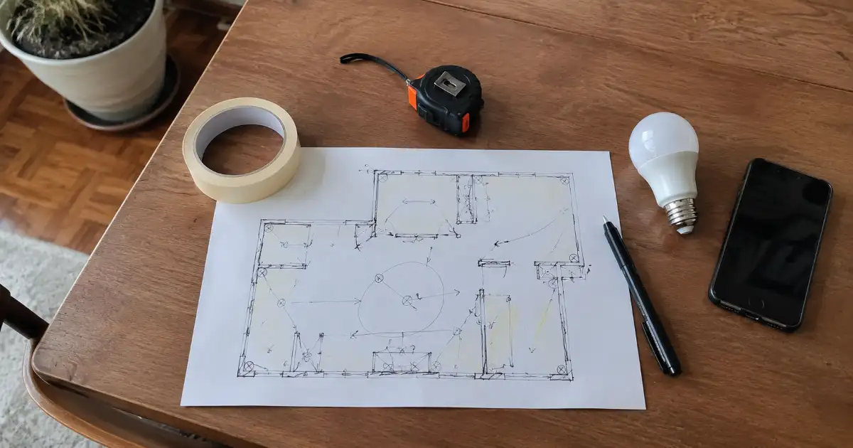 mapa simples de tomadas e sombras para planejar iluminação sem mexer na elétrica