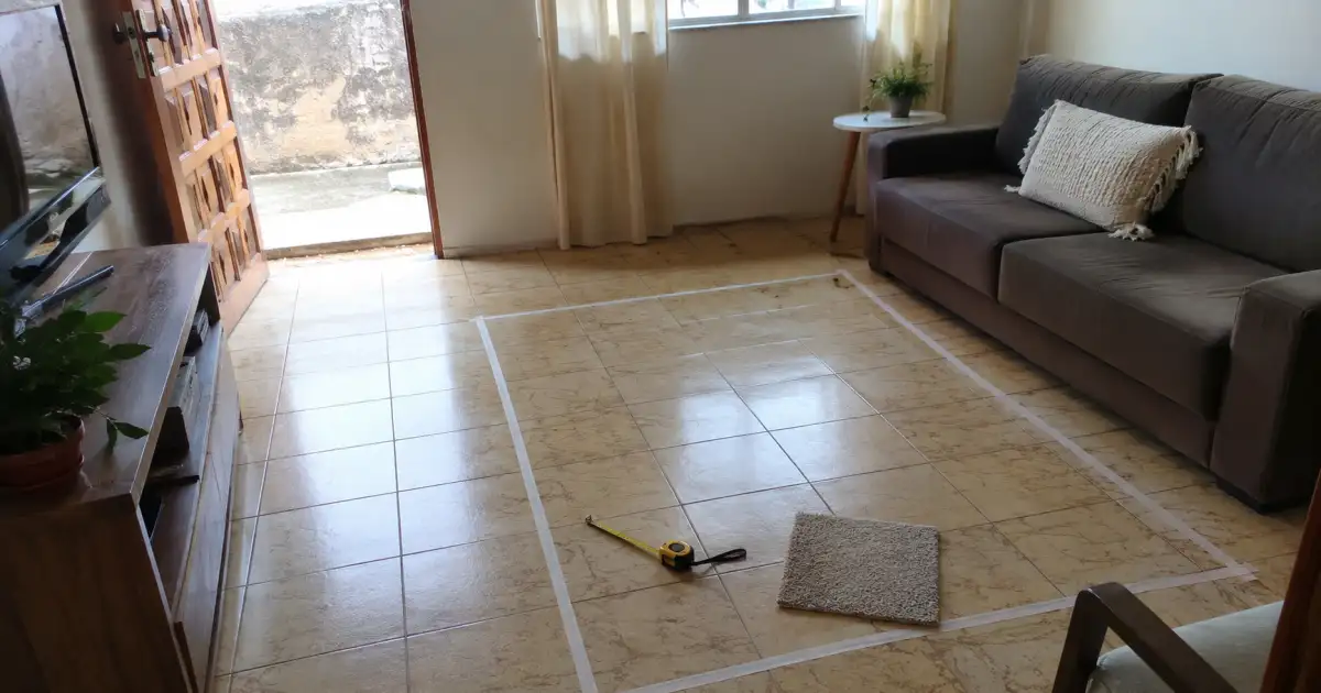 mapeamento de piso frio em apartamento alugado com trena tapete e porta aberta