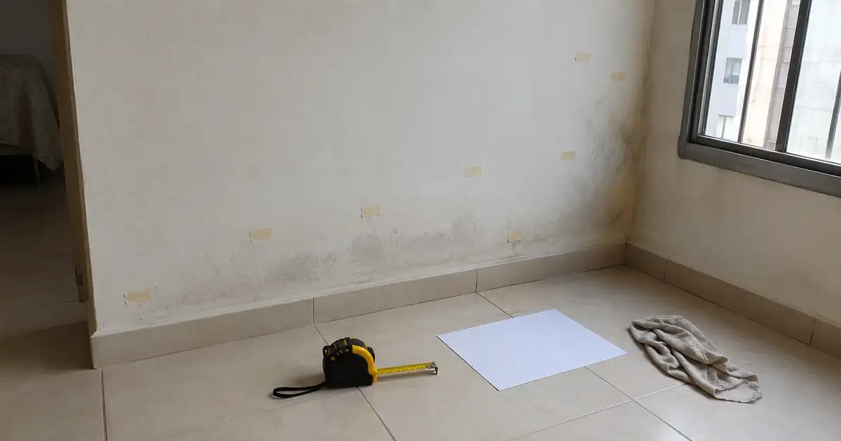 mapa visual de umidade em parede de apartamento alugado com trena folha e marcas temporarias