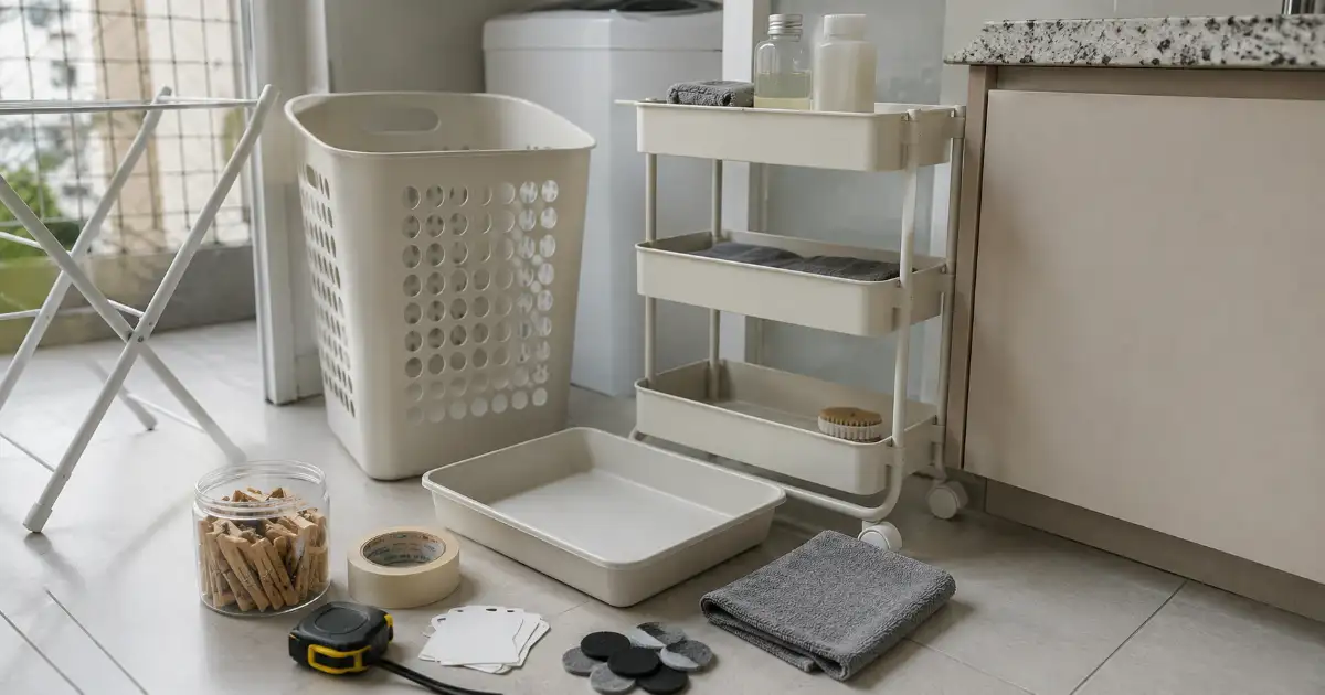 materiais para organizar lavanderia pequena de apartamento alugado sem reforma