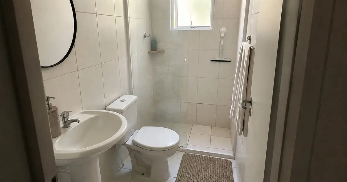 banheiro alugado com box simples janela pequena tapete lavavel e rodo de secagem