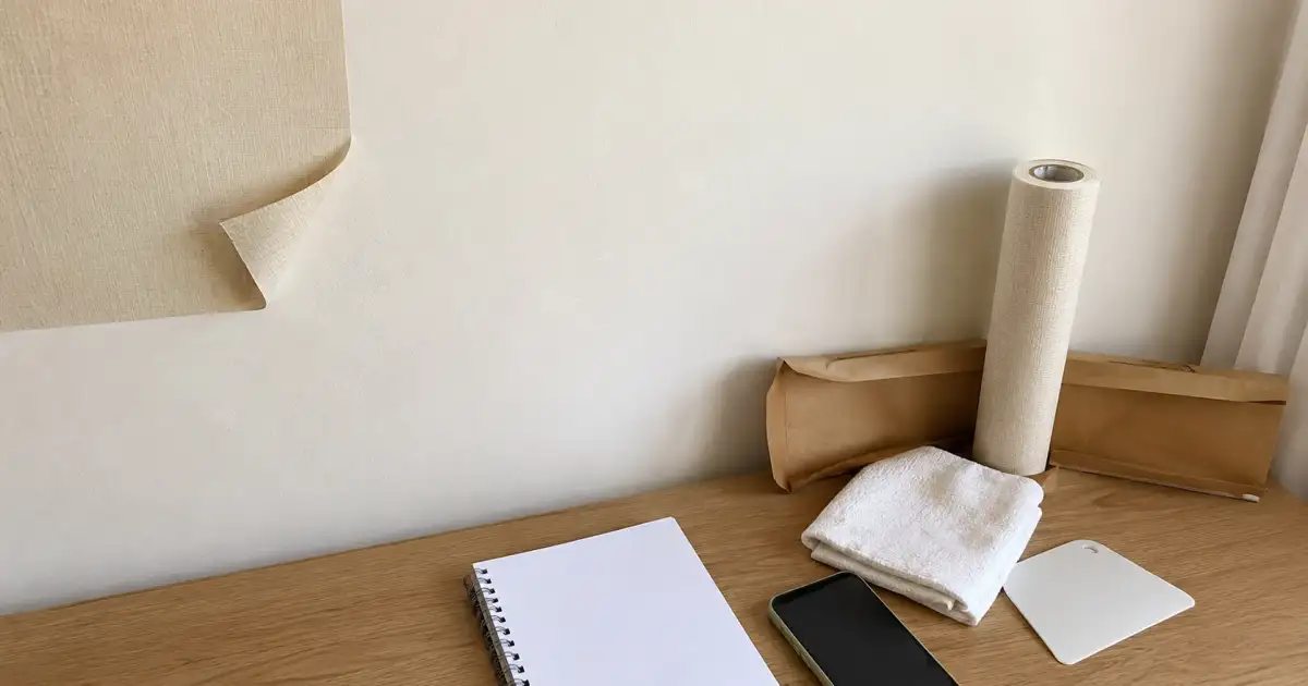 canto de papel de parede removivel sendo levantado com cuidado em parede clara de apartamento alugado
