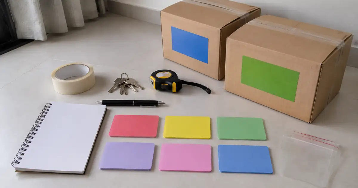 mesa com etiquetas coloridas em branco fita caneta caixas pequenas e lista de mudanca sem texto legivel