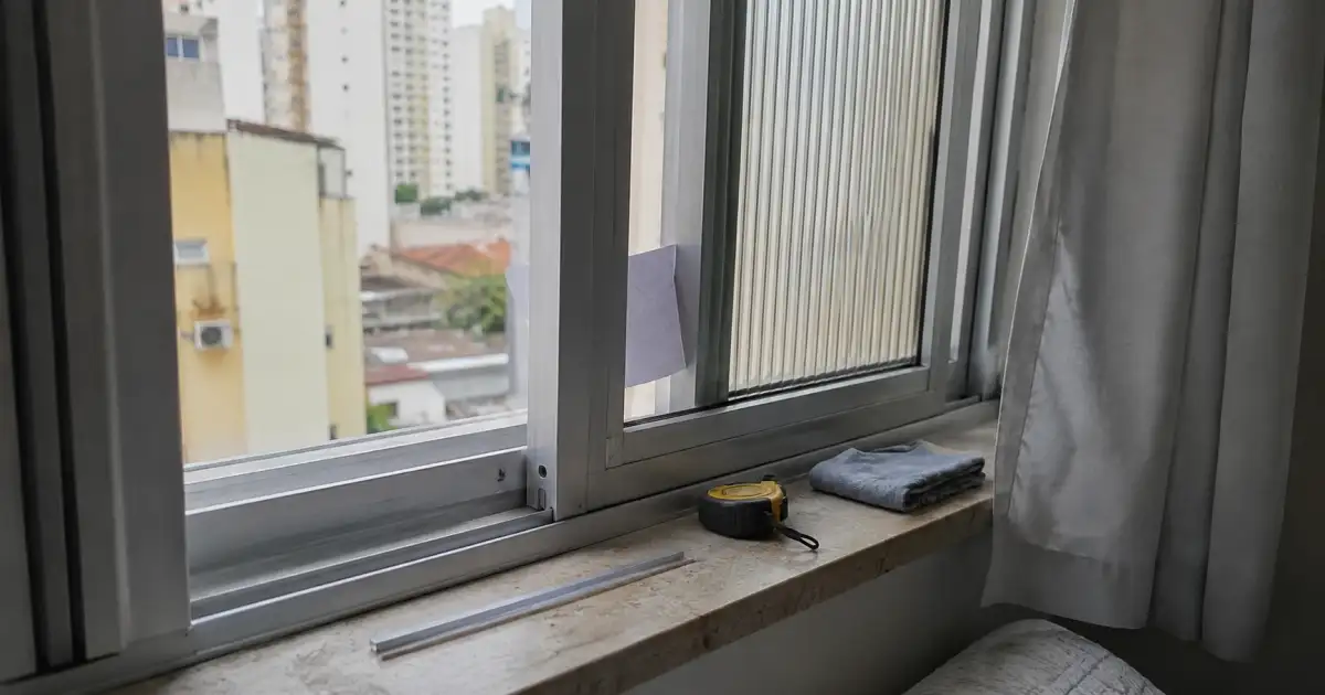 teste de fresta em janela de apartamento alugado com folha de papel trena e vedacao removivel
