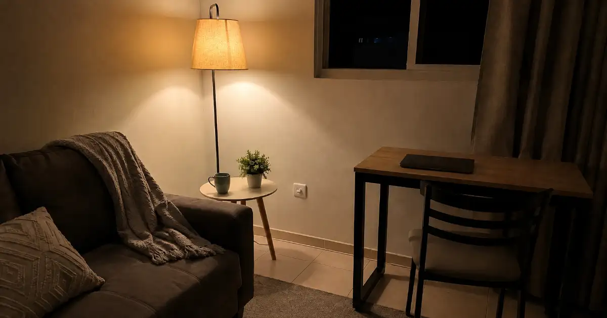 teste noturno de luminária de apoio em sala de apartamento alugado