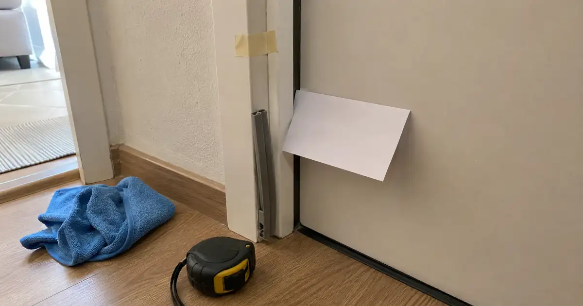 teste de folha de papel em fresta lateral de porta com trena e vedacao removivel