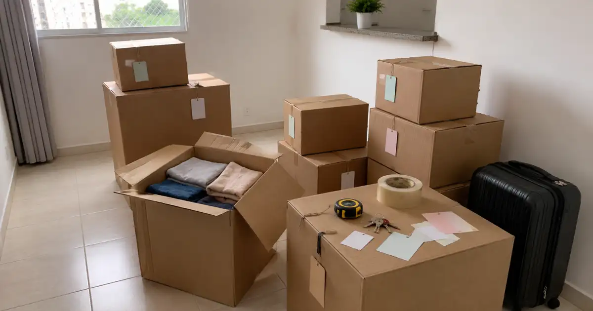 caixas pequenas de mudanca com fita etiquetas em branco chaves e trena em apartamento alugado