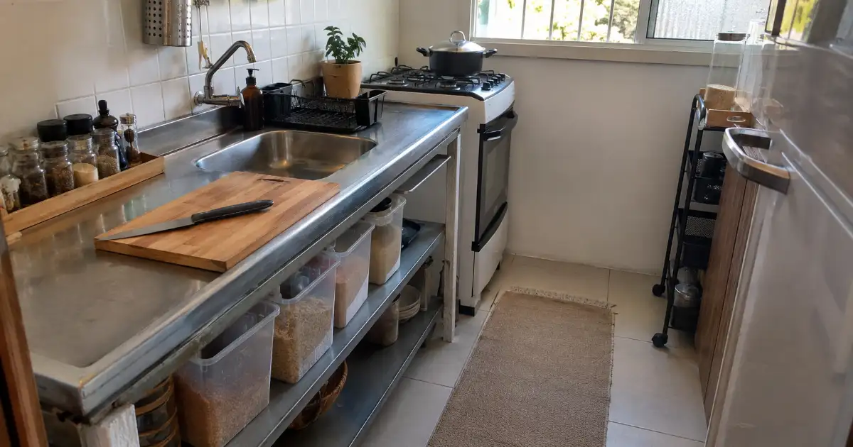 zonas de preparo lavagem cocção e estoque em cozinha compacta alugada